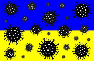 Ukrayna 'da Coronavirus. Coronavirus tehlikesi. Roman Coronavirus (2019-nCoV), soyut virüs türü modeli. Ukrayna bayrağının arka planında Coronavirus