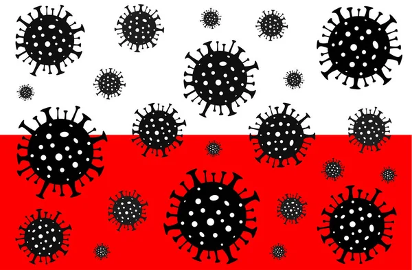 Polonya 'da Coronavirus. Coronavirus tehlikesi. Roman Coronavirus (2019-nCoV), soyut virüs türü modeli. Polonya bayrağının arka planında Coronavirus