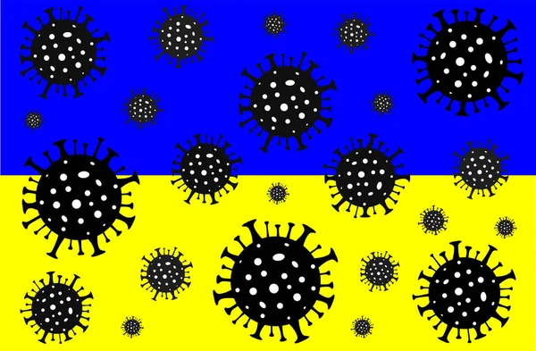 Ukrayna 'da Coronavirus. Coronavirus tehlikesi. Roman Coronavirus (2019-nCoV), soyut virüs türü modeli. Ukrayna bayrağının arka planında Coronavirus