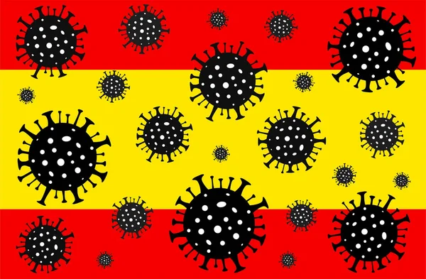 İspanya 'da Coronavirus. Coronavirus tehlikesi. Roman Coronavirus (2019-nCoV), soyut virüs türü modeli. İspanya bayrağının arka planında Coronavirus