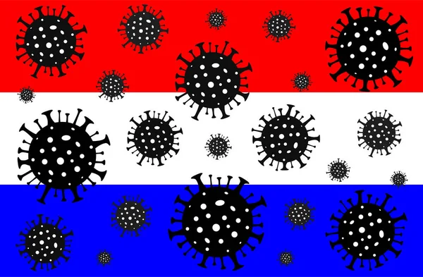 Hollanda 'da Coronavirus. Coronavirus tehlikesi. Roman Coronavirus (2019-nCoV), soyut virüs türü modeli. Hollanda bayrağının arka planında Coronavirus