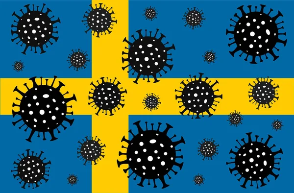 İsveç 'te Coronavirus. Coronavirus tehlikesi. Roman Coronavirus (2019-nCoV), soyut virüs türü modeli. İsveç bayrağının arka planında Coronavirus