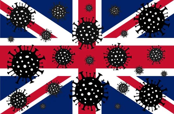 Büyük Britanya 'da Coronavirus. Coronavirus tehlikesi. Roman Coronavirus (2019-nCoV), soyut virüs türü modeli. Büyük Britanya bayrağının arka planında Coronavirus