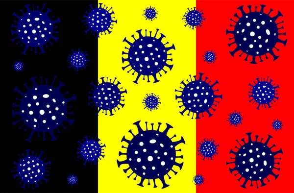 Belçika 'da Coronavirus. Coronavirus tehlikesi. Roman Coronavirus (2019-nCoV), soyut virüs türü modeli. Belçika bayrağının arka planında Coronavirus