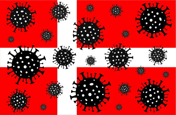 Danimarka 'da Coronavirus. Coronavirus tehlikesi. Roman Coronavirus (2019-nCoV), soyut virüs türü modeli. Danimarka bayrağının arka planında Coronavirus
