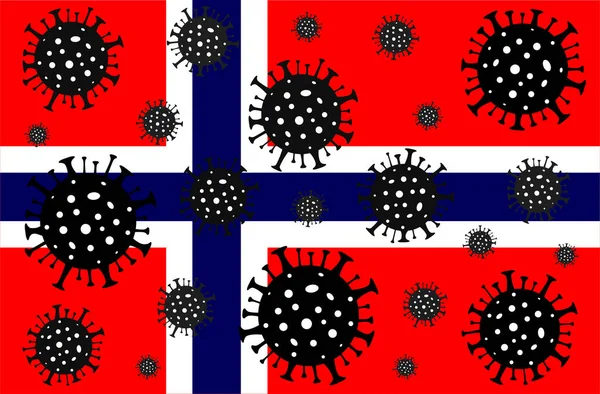 Norveç 'te Coronavirus. Coronavirus tehlikesi. Roman Coronavirus (2019-nCoV), soyut virüs türü modeli. Norveç bayrağının arka planında Coronavirus