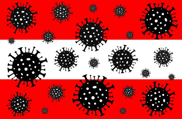 Avusturya 'da Coronavirus. Coronavirus tehlikesi. Roman Coronavirus (2019-nCoV), soyut virüs türü modeli. Avusturya bayrağının arka planında Coronavirus