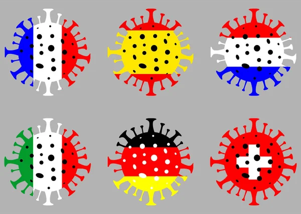 Avrupa 'daki Coronavirus seti. İsviçre, İspanya, İtalya, Almanya, Fransa, Hollanda, Coronavirus (2019-nCoV), Soyut virüs türü modeli.