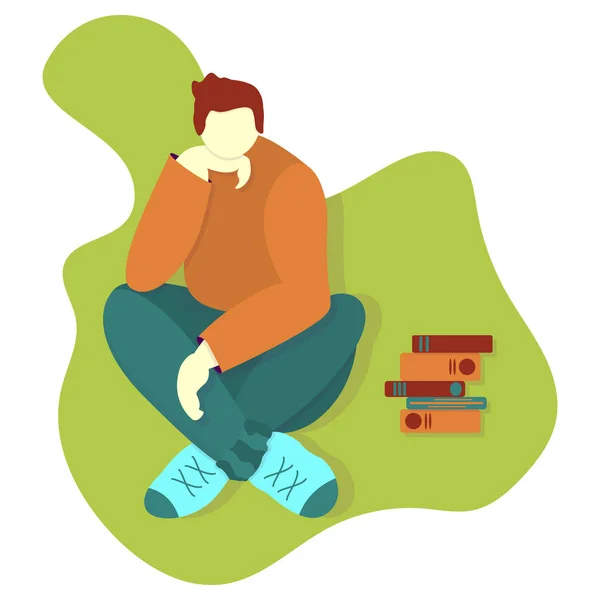 Tired student having stress before an exam. Concept of procrastination. Young guy sitting propping his head up with hand. Vector illustration in flat cartoon style. Stack of thick books for study.