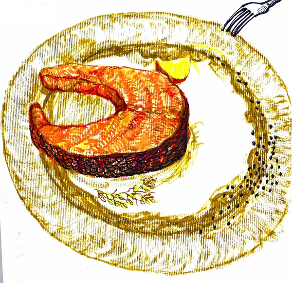 Steak Saumon Romarin Sauce Crème Citron Sur Fond Blanc Illustration — Photo