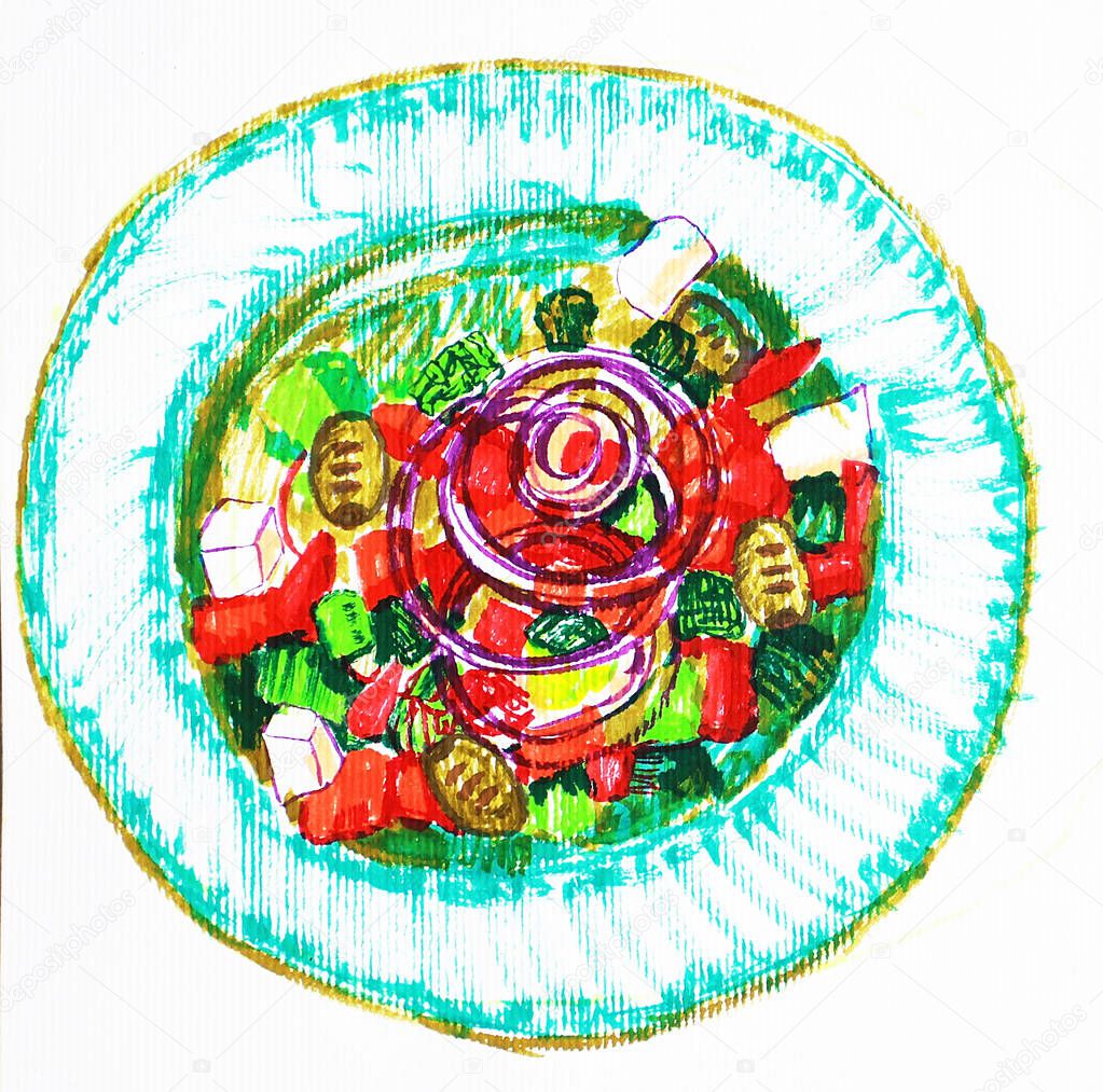greek salad in a blue plate on a white background, illustration, watercolor, sketch