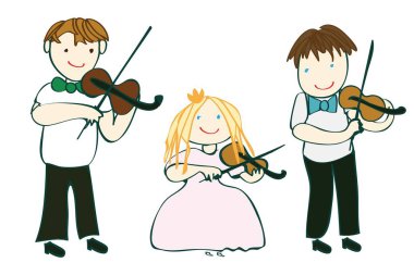 Küçük mutlu kemancılar keman, vektör, illüstrasyon, müzik dersleri çalıyor.