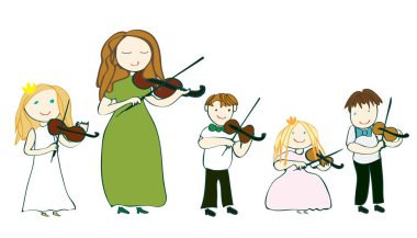 Mutlu öğretmen ve küçük çocuk kemancılar beyaz arka planda keman çalar, vektör, illüstrasyon, müzik dersleri,