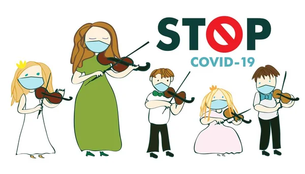 Covid 19, koronovirüs, öğretmen ve küçük çocuklar kemancılar beyaz arka plan, vektör, illüstrasyon, müzik dersleri ile keman çalıyorlar.