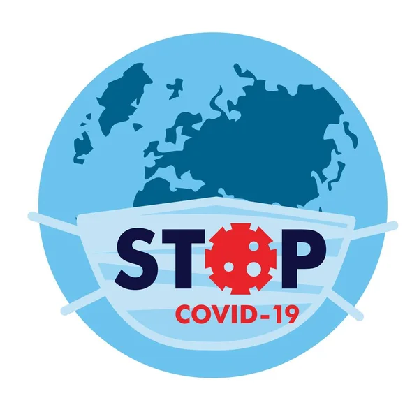 Медицинская Защитная Маска Текстом Stop Coranovirus Covid Носили Глобусе Картой — стоковое фото