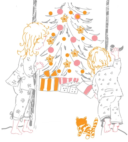 Children Spy Christmas Tree — Stock Photo, Image