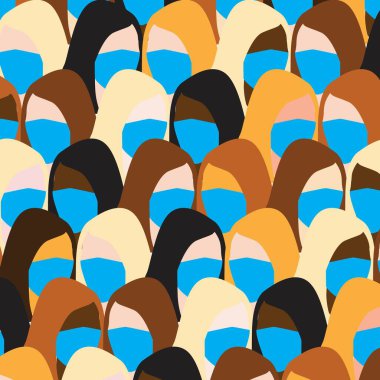 Covid 19, Coronavirus. Evde kal. Farklı milletlerden maskeli insanlar. Desen