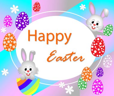 Paskalya kartı oval çerçeveli, çiçekler Paskalya tavşanları ve renkli yumurtalar renkli modern geometrik arka plan. Vektör çizimi. Metnin için yer.