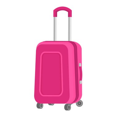 Tekerlekli pembe bavul. Metal uzun saplı ve iki kısa saplı büyük bir seyahat çantası. Beyaz arkaplan üzerindeki vektör izole düz simge.