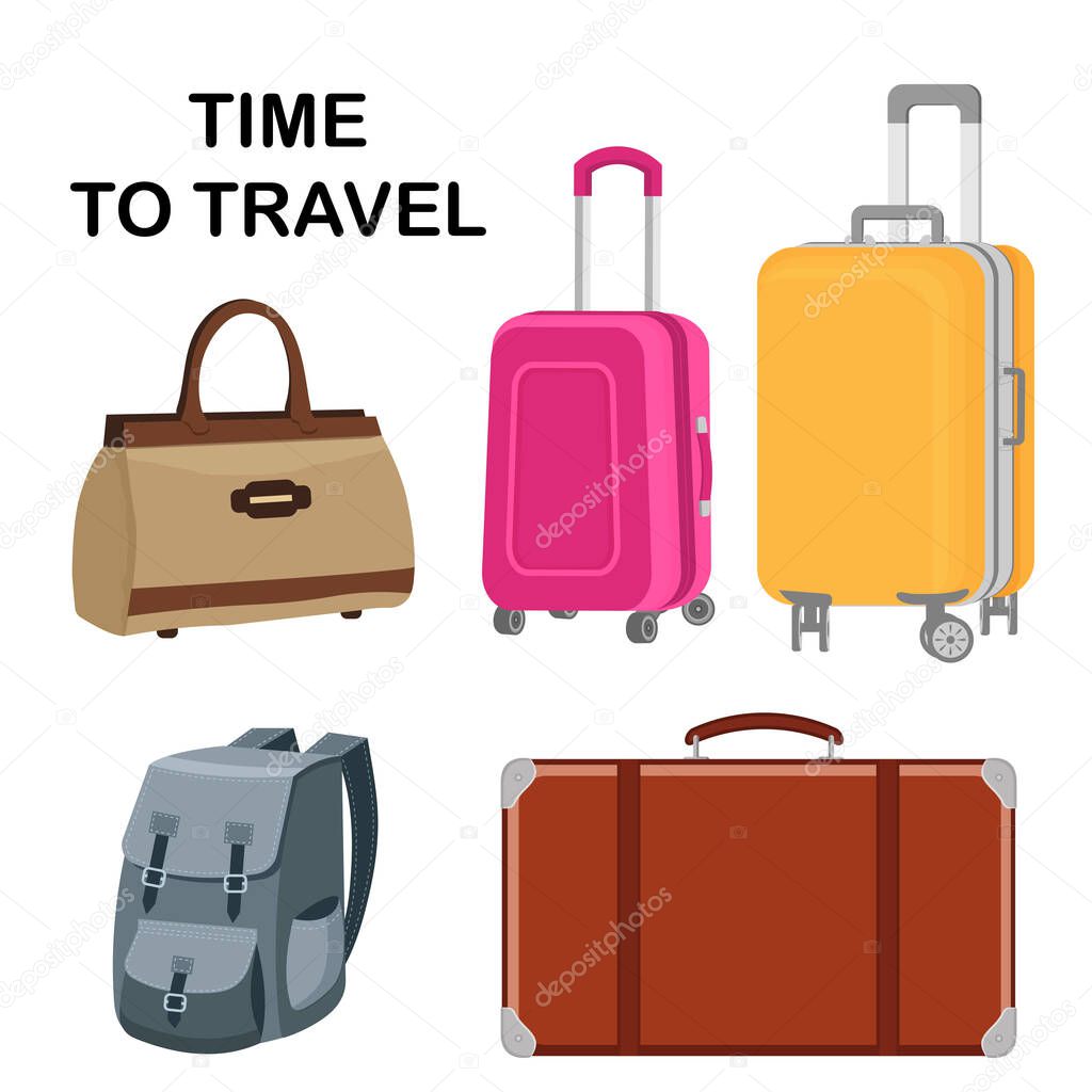 Set of travel bags. A plastic suitcase, a vintage suitcase, a travel bag and a large backpack. Vector illustration of hand luggage. Isolated vector illustration on a white background.