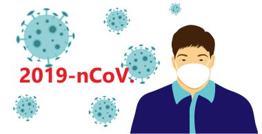 Beyaz koruyucu tıbbi maskeli bir adam. Çin 'de Coronavirus. Yeni Coronavirus (2019-nkov). Beyaz arka planda Çin uyruklu birinin etrafında virüs simgeleri var. İzole vektör illüstrasyonu.