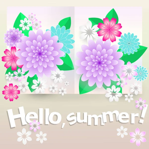 Színes Üdvözlőlap Helló Nyár Többszínű Absztrakt Virágok Egy Papíron Elterjedt — Stock Vector