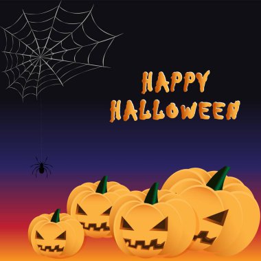 Mutlu Cadılar Bayramı. Kabaklarla, örümcek ağlarıyla ve örümcek ağlarıyla vektör illüstrasyonu