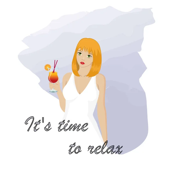 Ragazza Rilassa Con Cocktail Mano Slogan Tipografico Illustrazione — Vettoriale Stock