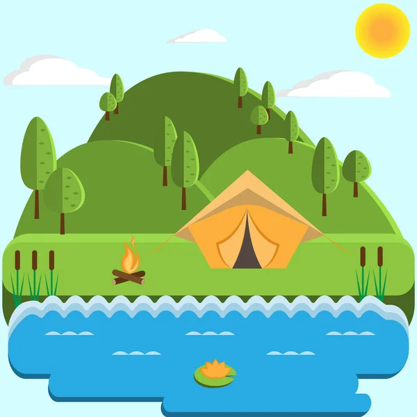 緑の背景に森 木々や丘 川の観光テント ベクターイラスト — ストックベクタ