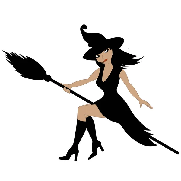 Happy Halloween Beautiful Glamorous Witch Flies Astride Broomstick Banner Poster — Stock Vector