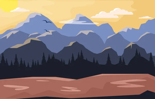 Горный пейзаж. Вид на заснеженные горы, деревья и реку . — стоковый вектор