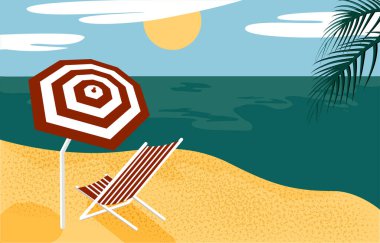 Güzel deniz manzarası. Güverte sandalyesi ve şemsiye bir palmiye ağacının altında.