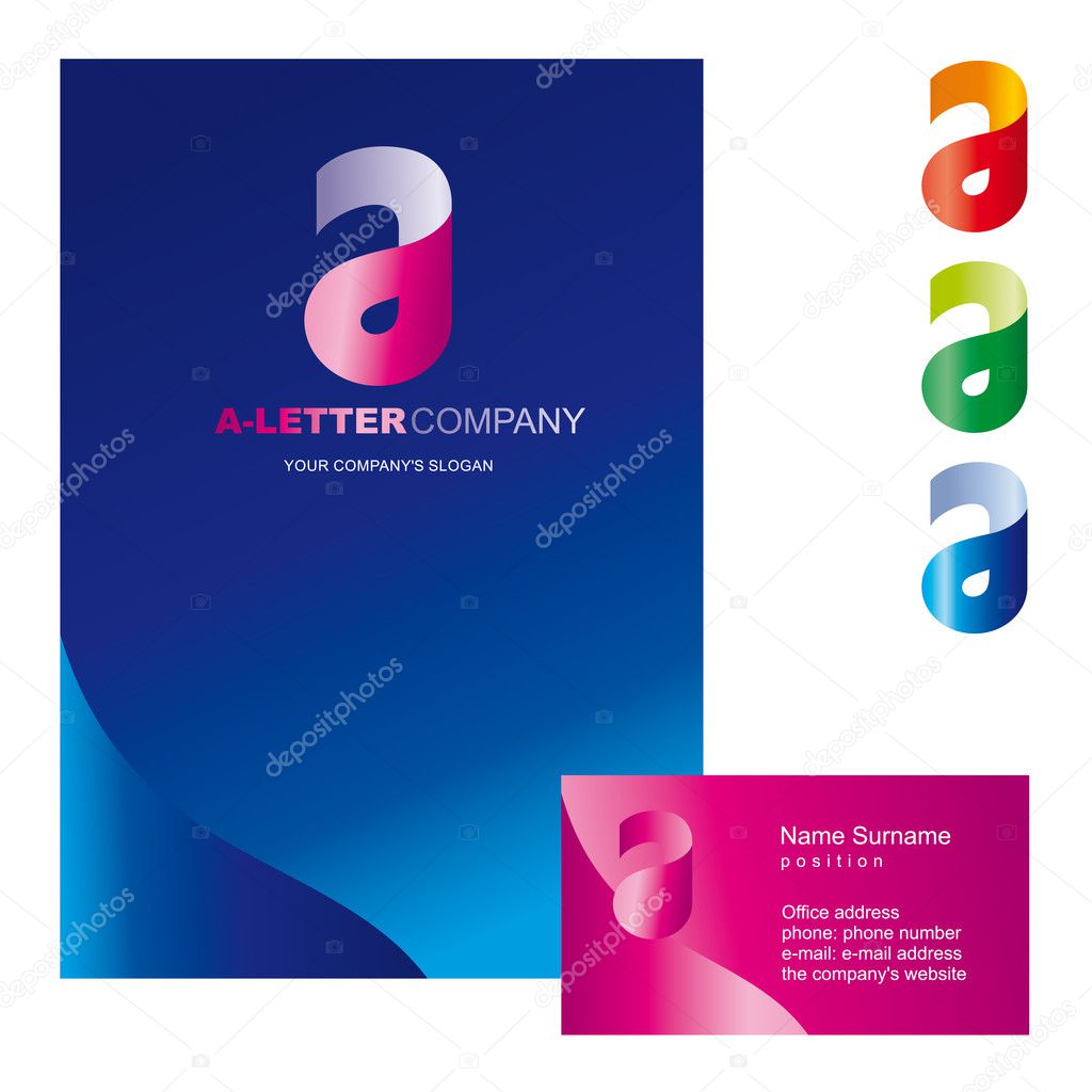 Template A brand name companies. Corporate identity for the company on the letter A: logo, business card, brochure cover or firm folders. Creative logo, body bent the letter A logo letter