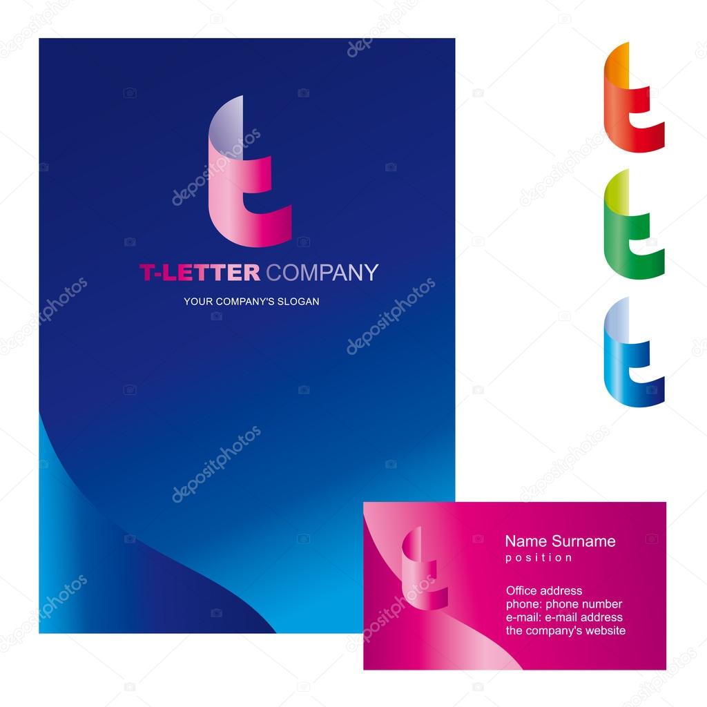 Template T brand name companies. Corporate identity for the company on the letter T: logo, business card, brochure cover or firm folders. Creative logo, body bent the letter T logoletter