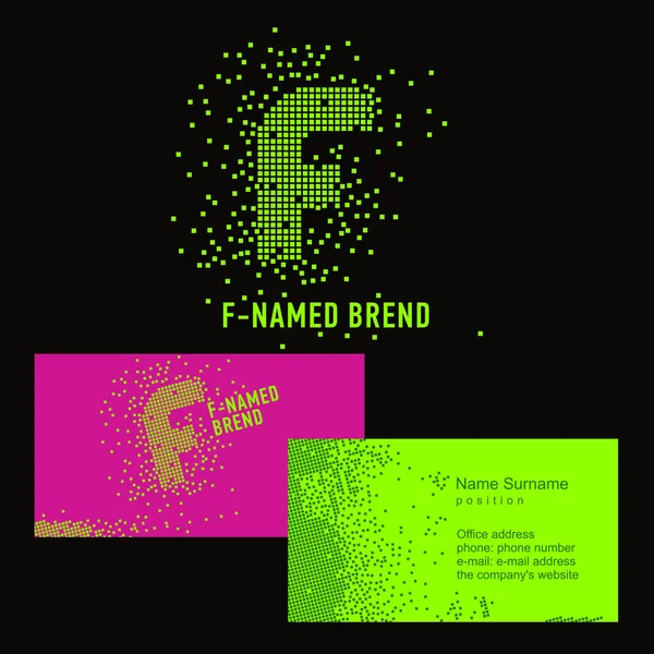 Carta de pixel F. Modelo F marca - Empresa. Identidade corporativa para a empresa na letra F: logotipo, cartão de visita. Logotipo criativo de pixels consiste em partículas letra F — Vetor de Stock