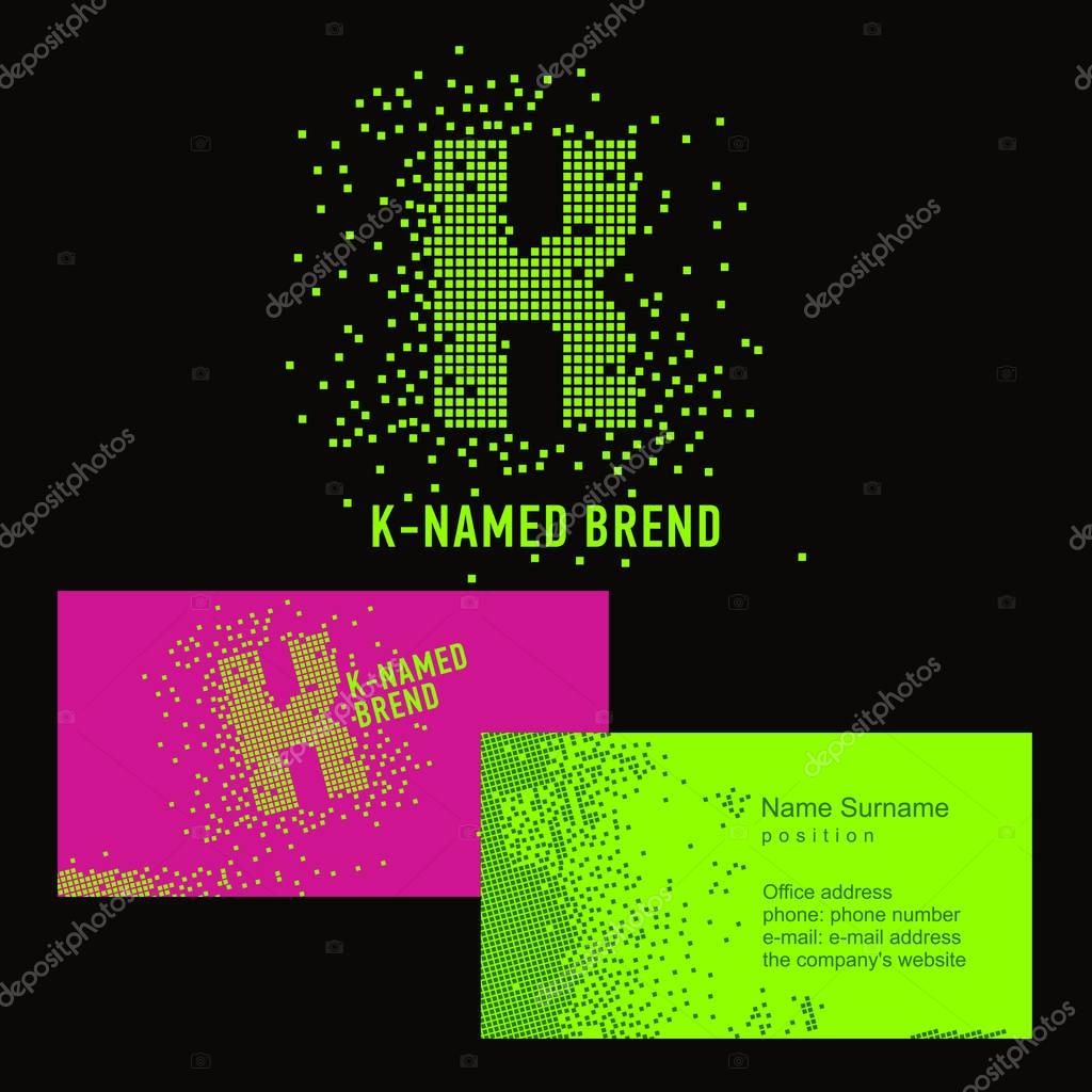 K pixel letter. Template K brand name -Company. Corporate identity for the company on the letter K: logo, business card. Creative logo of pixels consists of particles letter K