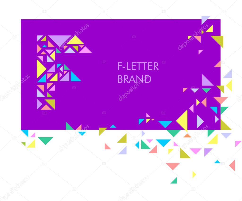 F Triangle letter logo. Creative logo for the corporate identity of the company: the letter F. The letter is made up of bright parts, triangles. A mosaic letter, a kaleidoscope. Modern style.  Geometry.