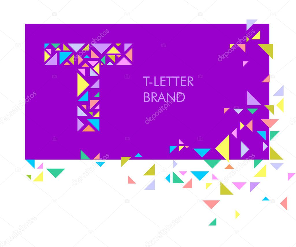 T Triangle letter logo. Creative logo for the corporate identity of the company: the letter T. The letter is made up of bright parts, triangles. A mosaic letter, a kaleidoscope. Modern style.  Geometry.