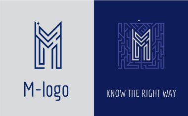 M Logo harf labirent. Şirketin kurumsal kimliği için yaratıcı logo: M harfi. Logo labirent, doğru yol seçimi, çözümler sembolize eder. Danışmanlık, finans, inşaat, yol şirketleri, görevler, eğitim okulları için uygundur.