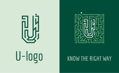 U Logo harf labirent. Şirketin kurumsal kimliği için yaratıcı logo: U harfi. Logo labirent, doğru yol seçimi, çözümler sembolize eder. Danışmanlık, finans, inşaat, yol şirketleri, görevler, eğitim okulları için uygundur.