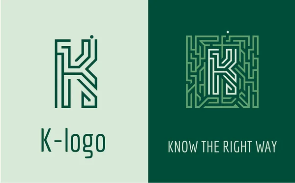 K logo typ brev labyrint. Creative logotyp för företagets identitet: Letter K. Logotypen symboliserar labyrint, val av rätt väg, lösningar. Lämplig för rådgivning, ekonomi, byggande, väg företag, uppdrag, utbildnings skolor. — Stock vektor
