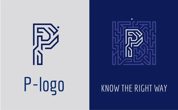 Лабиринт букв P Logo. Творческий логотип для фирменного стиля компании: буква P. Логотип символизирует лабиринт, выбор правильного пути, решения. Подходит для консалтинговых, финансовых, строительных, дорожных компаний, квестов, образовательных школ . — стоковый вектор