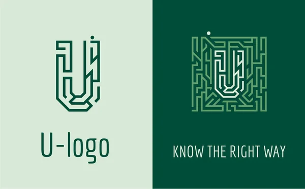 U logo labirynt litery. Kreatywne logo dla firmowej tożsamości firmy: litera U. Logo symbolizuje labirynt, wybór właściwej ścieżki, rozwiązania. Nadaje się do doradztwa, finansowych, budowlanych, firm drogowych, questów, szkół edukacyjnych. — Wektor stockowy