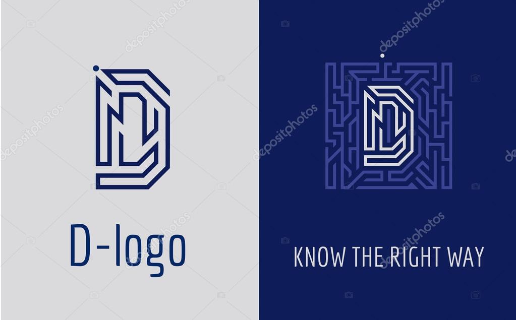 D Logo letter maze. Creative logo for corporate identity of company: letter D. The logo symbolizes labyrinth, choice of right path, solutions. Suitable for consulting, financial, construction, road companies, quests, educational schools.