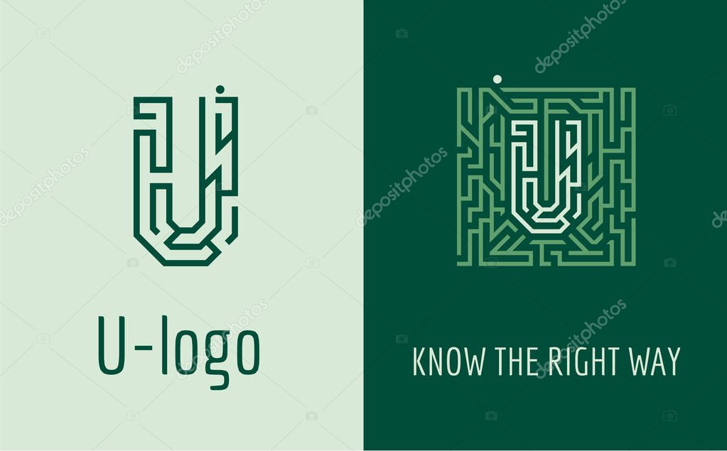 U Logo letter maze. Creative logo for corporate identity of company: letter U. The logo symbolizes labyrinth, choice of right path, solutions. Suitable for consulting, financial, construction, road companies, quests, educational schools.