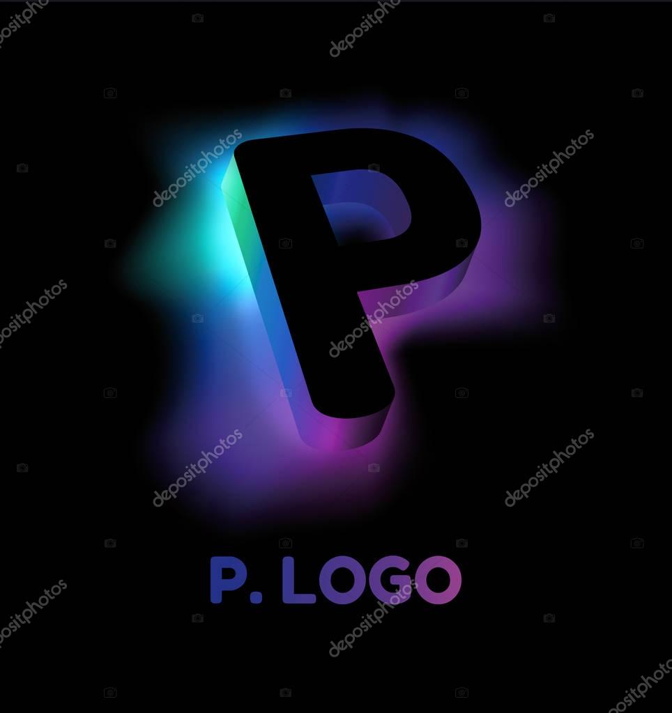 Abstract letter P. Creative glow pattern 3D logo corporate style of the company or brand name P. Black letter abstract, multicolored, gradient, blurred background. Elements of graphic design