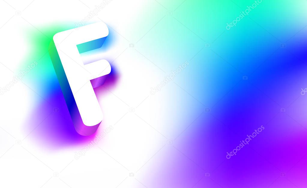 Abstract Letter F. Template of creative glow 3D logo corporate identity of company or brand name letter F. White letter abstract, multicolored, gradient, blurred background. Graphic design elements.