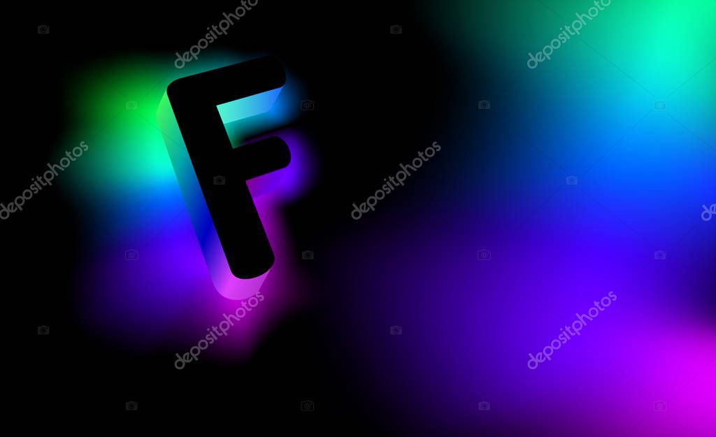 Abstract letter F. Creative glow pattern 3D logo corporate style of the company or brand name F. Black letter abstract, multicolored, gradient, blurred background. Elements of graphic design