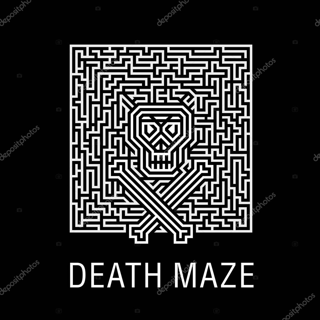 Skull and bones in a horrible deadly labyrinth - Creative logo, vector sign concept illustration. Layout T-shirts, prints, posters, leaflets for Halloween, zombie party, quests or a music concert with skulls, emblem, icon, label. Element of design.