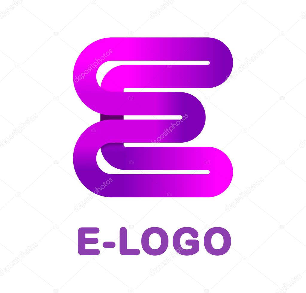 Abstract letter E - creative logo template vector illustration. Logo for corporate identity of company of ribbon, closed line of gradient color, tortuous path. Neon glowing letter. Typographical font. Design element.